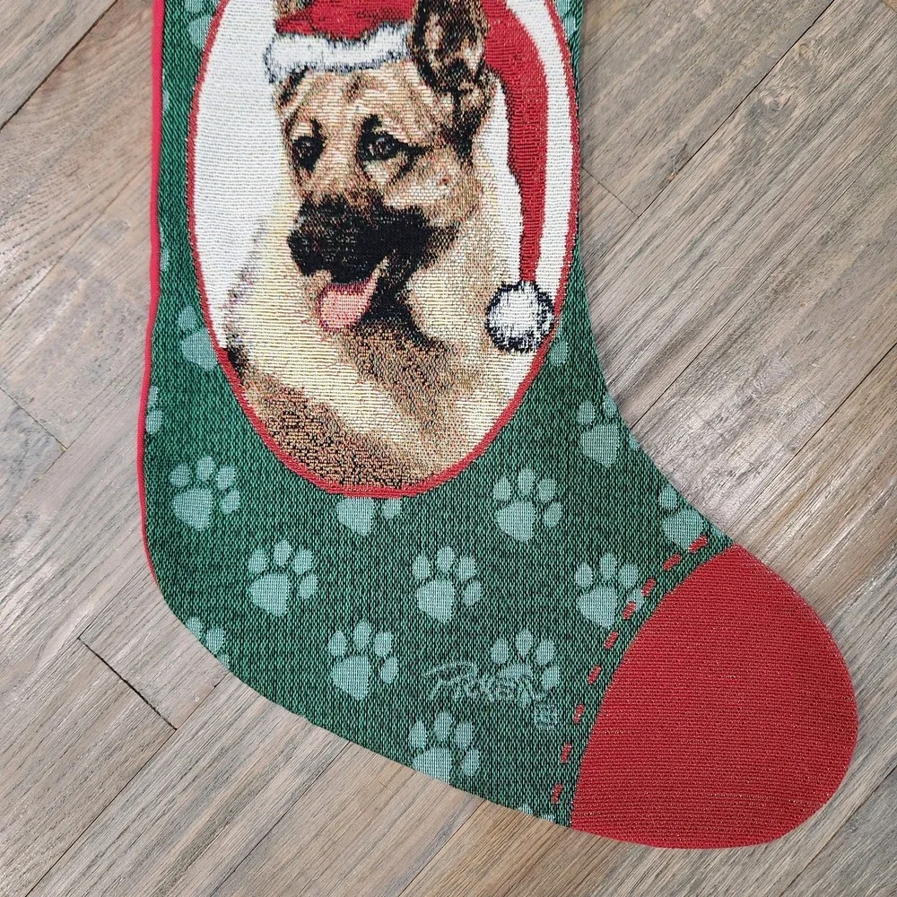German Shepherd Dog‎ Christmas Tapestry Stocking USA Red Green Santa Hat Picken